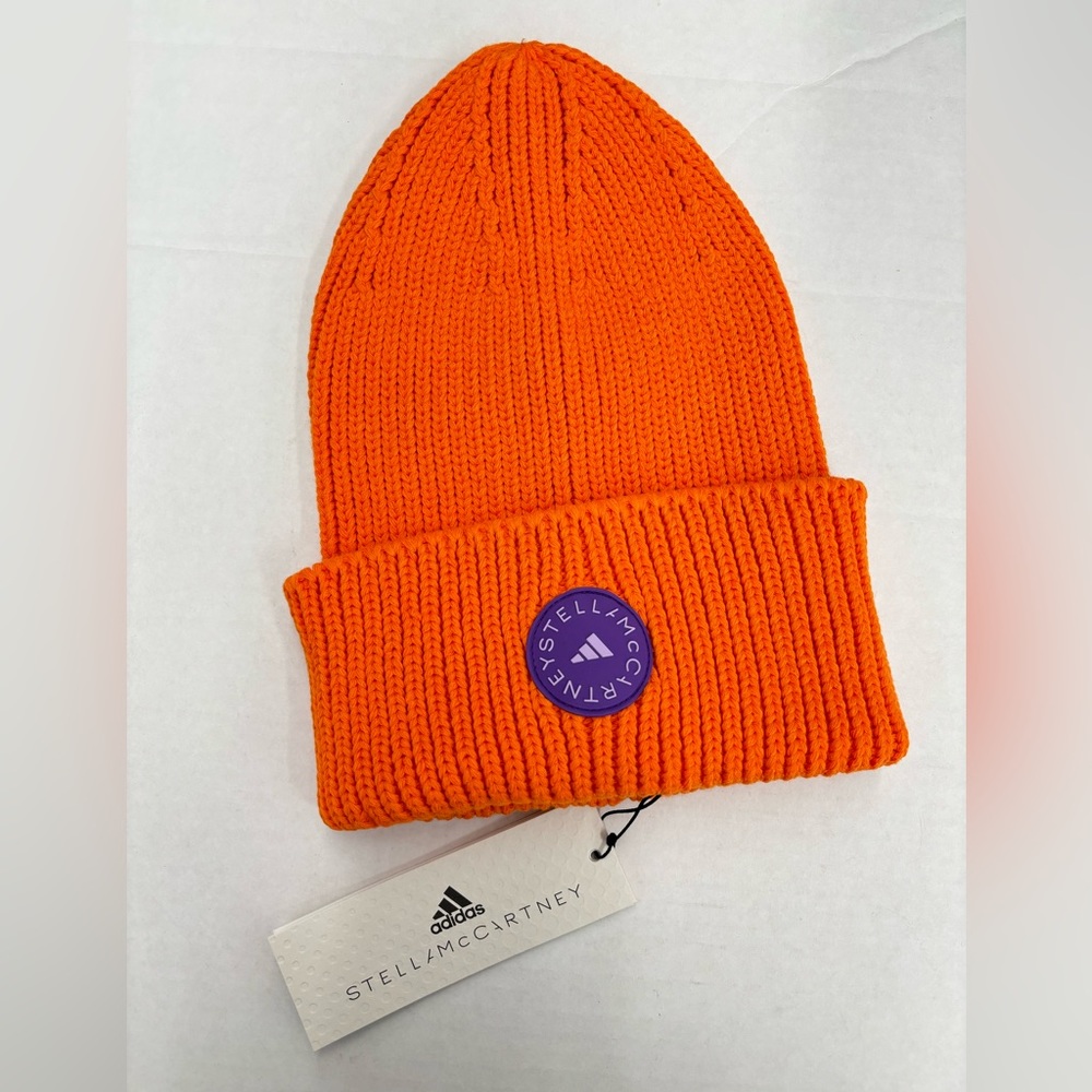 Adidas by Stella McCartney Orange Ribbed Knit Beanie with Purple Logo Patch